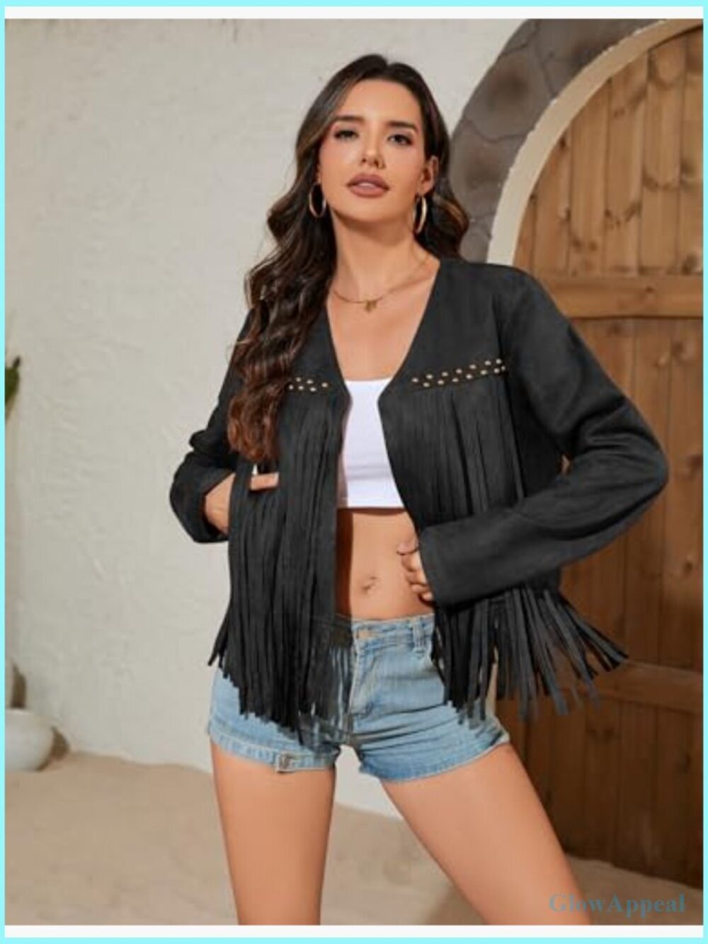 Oversized Fringe Cropped Faux Leather Jacket Western Cowgirl Motorcycle Coat - Picture 2 of 7